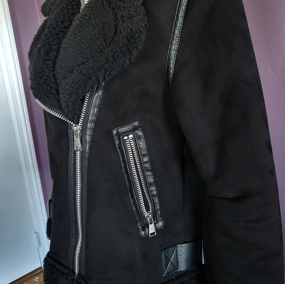 Zara Black Faux Suede Sherpa Lined Oversized Buckle Aviator Bomber Jacket Coat - Picture 4 of 14